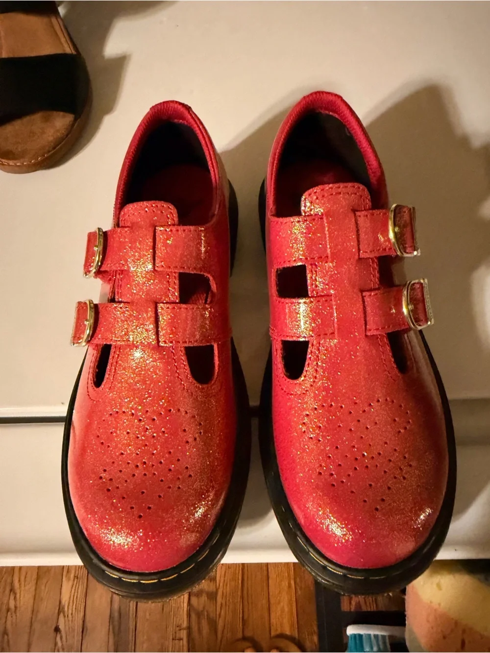 NWOT DOC Martens Mary Jane PinkGlitter DoubleStrap SHOES  Size 4 EU 37 Rare6 US